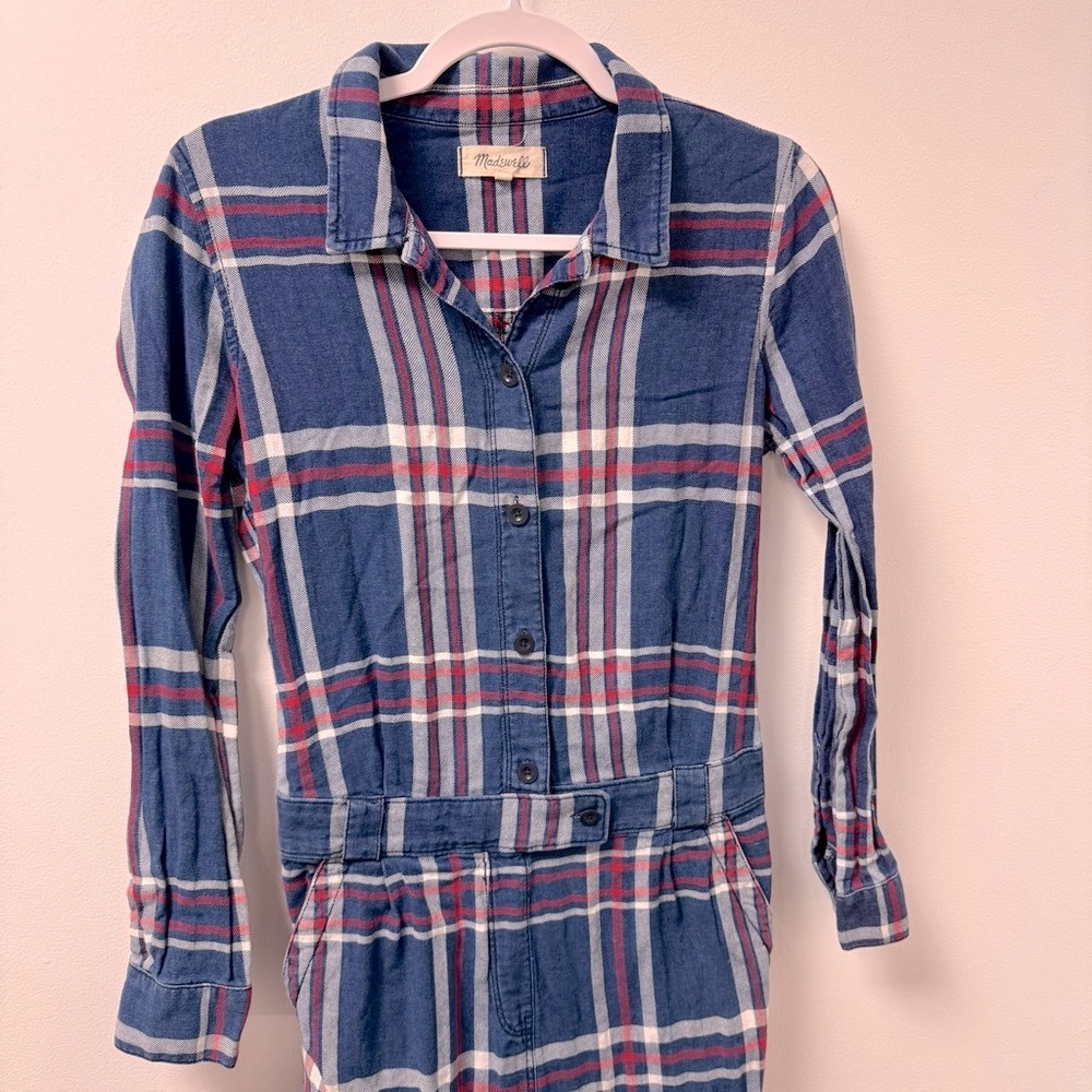 Madewell Blue Plaid Button-Up long sleeve Jumpsuit size Medium